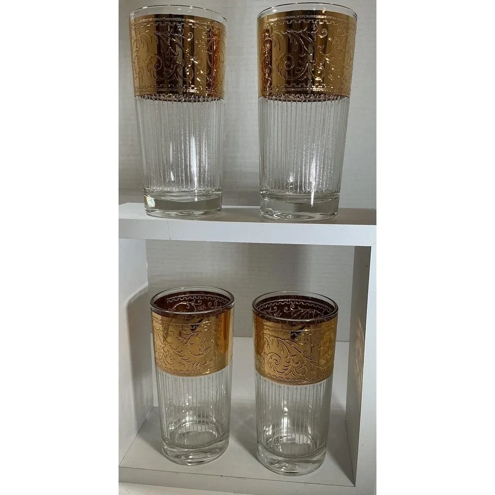 Vintage Gold Encrusted Floral Scroll‎ Highball Glasses Optic Ribbed Set of 4